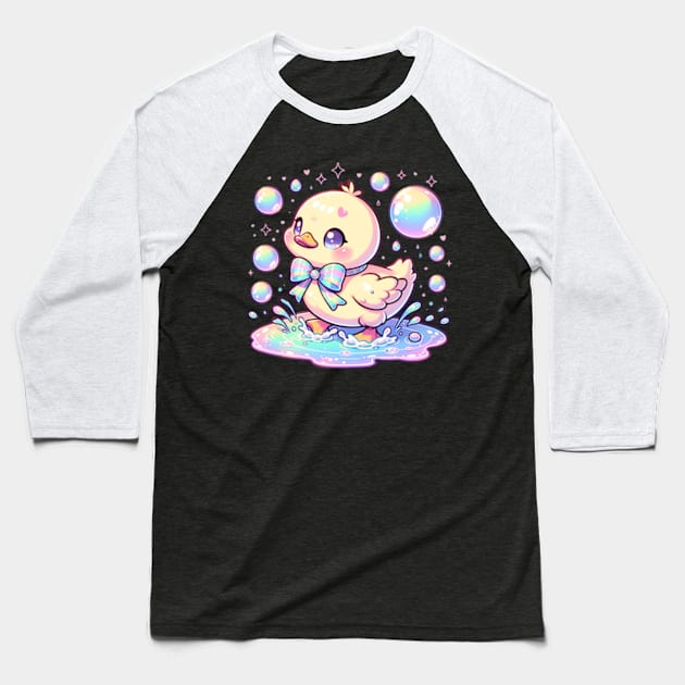 Kawaii Baby Duck Splashing in Puddles Cute Chibi Baseball T-Shirt by Lavender Celeste